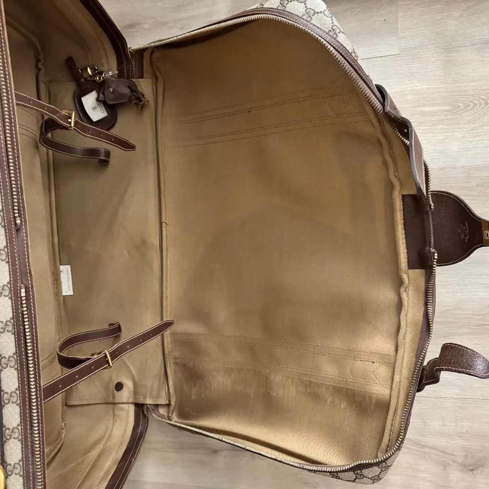 Vintage 1970 Gucci GG Supreme Suitcase Web Stripe Monogram Canvas Gold Closure - Picture 11 of 15